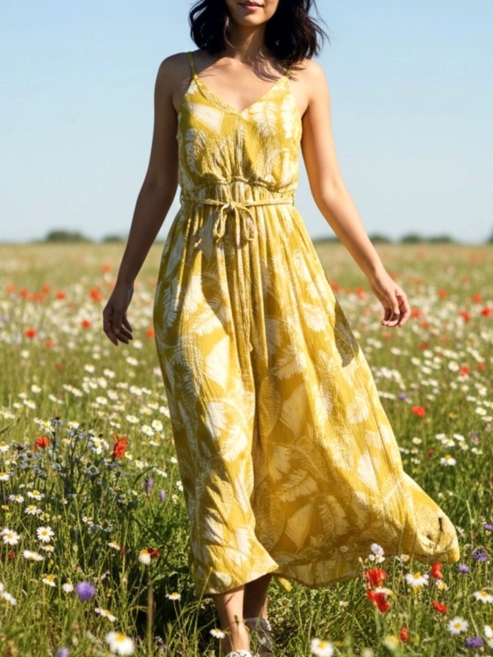 Sunny Yellow Printed Maxi Dress with Tie Waist